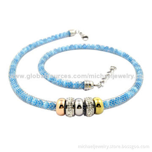 Stainless steel necklaces, light blue opal beads and crystal PP stones, rose gold and gold plating